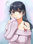  aran_sweater artist_name bare_shoulders black_hair breasts brown_eyes cleavage collarbone hair_ornament hairclip highres huge_breasts kantai_collection kantori lips long_hair looking_at_viewer parted_lips signature solo sweater upper_body ushio_(kantai_collection) valentine 