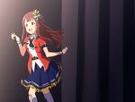  absurdres brown_hair commentary_request crown dress highres idolmaster idolmaster_million_live! idolmaster_million_live!_theater_days long_hair microphone mini_crown open_mouth shiny_trinity smile solo tanaka_kotoha wattsu 