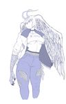  2018 4_fingers avian breasts choker claws cleavage clothed clothing demon devilman_(series) digital_media_(artwork) feathered_wings feathers female fishnet harpy hi_res humanoid jacket jeans looking_aside midriff minoss monochrome navel pants pose sirene_(devilman) solo standing under_boob winged_humanoid wings 