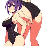  9law alternate_hairstyle ass blush breasts cleavage gochuumon_wa_usagi_desu_ka? large_breasts looking_at_viewer one-piece_swimsuit purple_eyes purple_hair simple_background solo swimsuit tedeza_rize white_background 