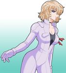  blonde_hair blue_eyes breasts choker gundam large_breasts normal_suit peggy_lee pilot_suit s.shimizu short_hair smile unzipped victory_gundam 