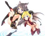  animal_ears bangs bare_arms bare_shoulders black_dress black_footwear blonde_hair blue_eyes blush boots breasts brown_gloves brown_wings cat_ears cat_girl cat_tail closed_mouth commentary_request curled_horns demon_girl demon_horns demon_tail demon_wings dress elbow_gloves eyebrows_visible_through_hair fang gloves grey_hair hands_on_own_cheeks hands_on_own_face high_heel_boots high_heels highres holding holding_shield horns knee_boots kutata looking_at_viewer looking_to_the_side medium_breasts multiple_girls navel open_mouth original pouch purple_eyes red_footwear red_gloves red_legwear revealing_clothes sheath shield side_slit sideboob sleeveless sleeveless_dress small_breasts succubus sword tail the_elder_scrolls the_elder_scrolls_v:_skyrim thigh_boots thighhighs weapon white_background wings 