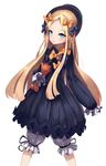  abigail_williams_(fate/grand_order) absurdres bangs black_bow black_dress black_hat blonde_hair bloomers blue_eyes blush bow bug butterfly closed_mouth commentary_request dress eyebrows_visible_through_hair fate/grand_order fate_(series) forehead hair_bow hat highres insect long_hair long_sleeves looking_at_viewer object_hug orange_bow parted_bangs polka_dot polka_dot_bow simple_background sleeves_past_fingers sleeves_past_wrists snozaki solo stuffed_animal stuffed_toy teddy_bear underwear very_long_hair white_background white_bloomers 