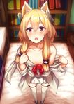  adjusting_clothes alternate_costume azur_lane bare_shoulders bed bed_sheet blonde_hair blush bookshelf collarbone commentary_request cosplay dress flat_chest from_above full_body hair_flaps hair_tubes headgear highres kantai_collection long_hair looking_at_viewer looking_up mary_janes namesake off-shoulder_dress off_shoulder open_mouth oversized_clothes purple_eyes see-through shoes solo sweat thighhighs tobimura warspite_(azur_lane) warspite_(kantai_collection) warspite_(kantai_collection)_(cosplay) white_dress white_legwear zettai_ryouiki 