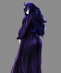  1girl @_@ ahoge al_bhed_eyes dress female from_behind grey_background headband hex_maniac_(pokemon) looking_at_viewer looking_back matching_hair/eyes npc_trainer pokemon pokemon_(game) pokemon_xy purple_dress purple_eyes purple_hair simple_background solo standing torogbnt 
