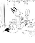  2018 anthro black_and_white canine clothed clothing cub disney eating fan_character female food fox glass hi_res isabelle_wilde judy_hopps lagomorph male mammal monochrome nick_wilde picnic rabbit sandwich_(food) sitting sketch sleeping sound_effects straw trashasaurusrex young zootopia zzz 