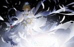  ahoge brown_hair cardcaptor_sakura clear_card closed_mouth commentary crown dress feathers gloves highres holding kinomoto_sakura nine_(liuyuhao1992) short_hair solo wand white_dress white_gloves wind yume_no_tsue 