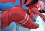  1girl artist_request ass blush bodysuit breasts cameltoe darling_in_the_franxx embarrassed from_behind green_eyes hairband horns huge_ass large_breasts leaning leaning_forward long_hair looking_at_viewer pink_hair red_bodysuit shiny shiny_hair sideboob skin_tight smile solo zero_two_(darling_in_the_franxx) 