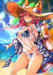  animal_ears bikini blue_bikini collarbone covered_navel day ears_through_headwear fate/grand_order fate_(series) food fox_ears fox_tail fruit hat highres innertube looking_at_viewer navel ocean outdoors palm_tree palms pink_hair shirt side-tie_bikini sky solo srsojiro straw_hat sun_hat sweat swimsuit tail tamamo_(fate)_(all) tamamo_no_mae_(swimsuit_lancer)_(fate) tree wet wet_clothes wet_shirt wet_t-shirt yellow_eyes 