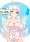  alternate_costume animal_ears apron azur_lane bad_id bad_pixiv_id bangs bare_arms bare_shoulders blue_eyes blue_fire blunt_bangs blush breasts cleavage closed_mouth contrapposto cowboy_shot eyebrows_visible_through_hair fire flame fox_ears fox_tail hand_on_hip happy_valentine heart inora jewelry kaga_(azur_lane) kitsune legs_apart looking_at_viewer medium_breasts multiple_tails naked_apron pink_apron ring silver_hair smile solo standing surprised tail two-tone_background valentine wedding_band 