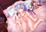  alternate_costume barefoot bat_wings blue_hair blush book character_doll collarbone dutch_angle fang frilled_pillow frills hakurei_reimu hat headboard hong_meiling indoors izayoi_sakuya looking_at_viewer mob_cap nightgown nightstand nullpuni on_bed parted_lips patchouli_knowledge pillow pink_hat red_eyes remilia_scarlet rubbing_eyes short_hair short_sleeves sitting sitting_on_bed solo tears toe_scrunch touhou wariza wings 