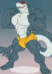  anthro bulge clothing fish kazushi male marine mostly_nude muscular muscular_male open_mouth scar shark smile solo standing underwear 