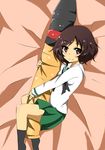  akiyama_yukari bangs bed_sheet black_legwear black_neckwear blouse brown_eyes brown_hair eyebrows_visible_through_hair girls_und_panzer green_skirt highres long_sleeves looking_at_viewer lying messy_hair miniskirt neckerchief no_shoes olly_(ollycrescent) on_bed on_side ooarai_school_uniform open_mouth pillow pleated_skirt school_uniform serafuku short_hair skirt smile socks solo straddling tank_shell white_blouse 