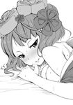  bare_shoulders blush breasts fate/grand_order fate_(series) flower garyou greyscale hair_flower hair_ornament japanese_clothes katsushika_hokusai_(fate/grand_order) kimono looking_at_viewer medium_breasts monochrome parted_lips short_hair sketch solo sweat 