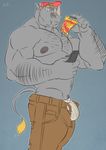  anthro bulge clothed clothing food hat kazushi looking_at_viewer male mammal muscular muscular_male pizza rhinoceros solo standing topless unzipped 