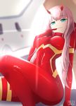  1girl artist_name blue_eyes bodysuit breasts covered_navel darling_in_the_franxx eyebrows_visible_through_hair female finger_to_mouth half-closed_eyes hand_up horns indoors long_hair looking_at_viewer medium_breasts pink_hair rilex_lenov sitting smile solo text watermark zero_two_(darling_in_the_franxx) 
