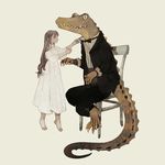  anthro bow_tie chair claws clothed clothing crocodile crocodilian crossed_legs duo female gown hair human long_hair male mammal reptile rt0no scalie simple_background sitting slit_pupils standing standing_on_toes toe_claws 