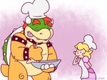  animated anthro blonde_hair bowser chef_hat claws cooking duo eclipticafusion english_text female hair hat horn human koopa male mammal mario_bros nintendo princess_peach red_hair scalie shell signature text tongue tongue_out toony video_games 