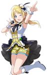  ;d armpits blonde_hair blue_eyes boots breasts frills hachimiya_meguru hat hat_feather idolmaster idolmaster_shiny_colors large_breasts long_hair looking_at_viewer microphone mini_hat official_art one_eye_closed open_mouth pointing shorts skirt smile transparent_background white_footwear yellow_shorts 