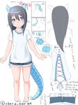  bangs barefoot black_hair blue_eyes blue_shirt blue_shorts blush closed_mouth collarbone commentary_request dragon_girl dragon_horns dragon_tail eyebrows_visible_through_hair hair_between_eyes head_fins head_tilt highres horn_ribbon horns kyabe_tsuka leaf-chan long_hair looking_at_viewer multiple_wings original pigeon-toed pink_ribbon ribbon scales shirt short_shorts short_sleeves shorts sidelocks smile standing tail translation_request twitter_username white_shirt wings 
