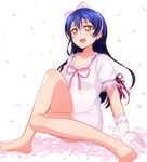  arm_support bangs barefoot blue_hair blush commentary_request dress gloves hair_between_eyes hair_ribbon highres leg_up long_hair love_live! love_live!_school_idol_project open_mouth petals pink_dress ribbon shiranai_love_oshiete_love simple_background sitting smile solo sonoda_umi wewe white_background yellow_eyes 