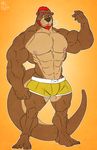  anthro beard bulge clothed clothing facial_hair kazushi looking_at_viewer male mammal muscular muscular_male mustelid nipples otter pecs smile solo standing topless 