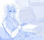  bandage_on_face bed blue breasts cleavage crossover deus_ex eyebrows_visible_through_hair hair_between_eyes hair_intakes hair_ribbon highres long_hair long_sleeves mechanical_arm mechanical_hands medium_breasts monochrome open_clothes ribbon sitting solo violet_evergarden violet_evergarden_(character) viperxtr 