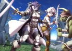  anthro bandage butt_pose canine caprine clothed clothing detailed_background female gloves grass group hair holding_sword horn jacket mammal melee_weapon open_mouth outside ruins sheep sky standing sword twinkle-sez weapon wolf 