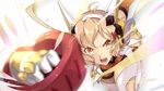  ahoge anxflower blonde_hair blurry_foreground bodysuit brown_hair clenched_hand commentary_request determined foreshortening gauntlets gloves hair_ornament hairclip headphones highres leaning_forward looking_at_viewer open_mouth orange_eyes senki_zesshou_symphogear short_hair solo tachibana_hibiki_(symphogear) 