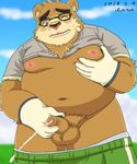  2018 anthro balls bear belly blush clothing cum eyewear glasses gloves male mammal moobs nipples overweight overweight_male penis shirt solo tokyo_afterschool_summoners volos 