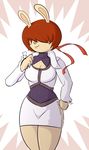  2018 4_fingers aged_up alternate_costume arthur_(series) bandanna breasts cleavage clothed clothing cosplay davidsanchan digital_media_(artwork) female fur hair hair_over_eyes hand_on_hip king_of_fighters lagomorph mammal molly_macdonald pose rabbit red_hair shermie short_hair simple_background skirt smile solo standing tan_fur 