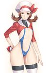  adapted_costume bow brown_hair covered_nipples flat_chest hat hat_bow holding holding_poke_ball kotone_(pokemon) long_sleeves looking_at_viewer nagase_haruhito navel poke_ball poke_ball_(generic) pokemon pokemon_(game) pokemon_hgss red_bow shrug_(clothing) simple_background solo stomach thighhighs white_background 