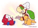 animated anthro bowser cake chef_hat duo eclipticafusion english_text food hair hat horn koopa male mario_bros nintendo red_hair scalie shell shyguy signature sitting smile text toony video_games 