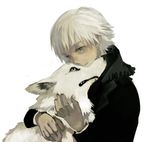  canine caress duo ears_back feral fur human mammal rt0no simple_background white_fur wolf 