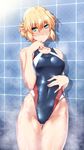  ass_visible_through_thighs black_swimsuit blonde_hair blush competition_swimsuit covered_navel cowboy_shot green_eyes hand_on_own_chin highleg highleg_swimsuit highres mizuhashi_parsee one-piece_swimsuit ootsuki_wataru pointy_ears short_hair solo standing steam swimsuit tile_wall tiles touhou 