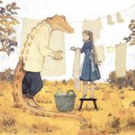  basket clothed clothing crocodile crocodilian dress duo female grass hair human laundry long_hair male mammal outside reptile rt0no scalie standing stool 