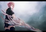  black_legwear chaos;child closed_mouth cloud cloudy_sky day dusk holding holding_sword holding_weapon mstm onoe_serika pink_eyes pink_hair school_uniform short_hair_with_long_locks sidelocks sky solo sword weapon 