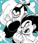  black_eyes black_hair blue braid chinese_clothes clenched_hand cloud cloudy_sky day dougi dragon_ball dragon_ball_(classic) facial_hair flying flying_sweatdrops frown greyscale long_sleeves looking_at_another looking_up male_focus monochrome multiple_boys mustache open_mouth serious sky smile son_gokuu spot_color sweat sweatdrop tao_pai_pai tkgsize wristband 