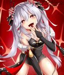  :d absurdres artist_name azur_lane bridal_gauntlets character_name china_dress chinese_clothes chocolate commentary dress fur_scarf hair_ornament hair_ribbon heart heart_hair_ornament highres holding kana616 long_hair looking_at_viewer open_mouth red_background red_eyes ribbon silver_hair sitting smile solo tongue tongue_out twintails vampire_(azur_lane) 