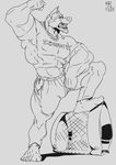  anthro bulge canine clothed clothing feet flexing greyscale kazushi male mammal monochrome muscular muscular_male open_mouth solo standing tight_clothing 