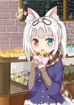  :d absurdres animal_ears bakery bangs blue_coat blue_eyes blurry blurry_background blush bread brick_wall brown_ribbon brown_scarf cat_ears cat_girl cat_tail coat depth_of_field eyebrows_visible_through_hair food fur-trimmed_coat fur_trim hair_ribbon heterochromia highres holding holding_food indoors ju_(a793391187) long_hair long_sleeves open_mouth original plaid plaid_scarf red_eyes ribbon scarf shop silver_hair sleeves_past_wrists smile solo tail twintails 