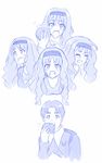  1girl closed_eyes commentary company_connection creator_connection crying darling_in_the_franxx eating expressions food_in_mouth food_request futoshi_(darling_in_the_franxx) hayami_saori headdress highres inou-battle_wa_nichijou-kei_no_naka_de kokoro_(darling_in_the_franxx) kushikawa_hatoko looking_at_viewer monochrome parody seiyuu_connection simple_background steam streaming_tears tears thick_eyebrows trigger_(company) viperxtr white_background 