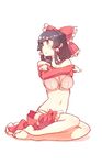  1girl :o bare_shoulders bow bra breasts brown_hair commentary hair_bow hair_tubes hakurei_reimu highres image_sample looking_to_the_side medium_breasts navel no_toes non_(z-art) panties red_bow red_shirt red_skirt shirt simple_background sitting skirt solo touhou twitter_sample underwear undressing white_background white_bra white_panties yokozuwari 