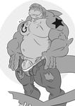  anthro barely_contained clothed clothing fish greyscale kazushi looking_at_viewer male marine monochrome musclegut muscular muscular_male scar shark smile solo standing tattoo topless underwear unzipped vein 