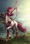  2010 3d_(artwork) archery armlet armor arrow bow_(weapon) bracers breastplate breasts carlos_ortega centaur cloud detailed_background digital_media_(artwork) equine equine_taur female feral_armor fur grey_eyes hair holding_object holding_weapon hooves leaves looking_back mammal navel outside overcast pink_hair ranged_weapon ruins sky solo sunbeam taur walking weapon white_fur 