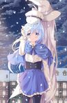  animal animal_on_head back-to-back black_legwear blue_eyes blue_hair blue_skirt blush bunny bunny_on_head capelet center_frills cloud commentary_request eyebrows_visible_through_hair floating_hair frilled_skirt frills gochuumon_wa_usagi_desu_ka? hair_between_eyes hat hat_ribbon highres holding_hands interlocked_fingers kafuu_chino kafuu_chino's_mother long_hair mask multiple_girls on_head outdoors ribbon satsuki_yukimi shirt skirt sky smile snowing standing star_(sky) starry_sky tippy_(gochiusa) very_long_hair white_hat white_ribbon white_shirt witch_hat 