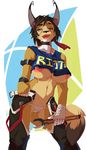  2017 anthro areola azazel_(character) belt big_breasts black_hair blue_eyes breasts brown_fur caracal clothed clothing collar digital_media_(artwork) feline female fur hair lactating leokingdom looking_at_viewer mammal milk navel nipples open_belt open_mouth panties partially_clothed simple_background solo standing teeth tongue tongue_out under_boob underwear wraps 