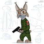  + 2016 anthro barefoot brown_eyes canadian_flag cheek_tuft clothed clothing ear_tuft fanartiguess feline gun handgun holding_object holding_weapon lynx male mammal military_uniform pistol ranged_weapon signature solo standing tuft uniform url weapon 