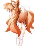  ass blue_eyes bottomless fox_tail from_behind looking_back niwaka_potato open_mouth orange_hair original simple_background tail tail_wagging thighhighs white_background 