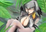  bangs between_breasts black_bra black_gloves black_hair blush bodystocking bra breast_pocket breasts cleavage collarbone collared_shirt commentary_request day dripping eyebrows_visible_through_hair gloves grey_hair grey_legwear grey_neckwear grey_shirt hair_between_eyes john_(a2556349) kemono_friends knees_up large_breasts leaf leg_hug long_hair looking_at_viewer low_ponytail multicolored_hair necktie open_clothes open_mouth open_shirt orange_hair outdoors pocket see-through shade shirt shoebill_(kemono_friends) side_ponytail sitting solo tongue tongue_out tsurime underwear undone_necktie water wet wet_clothes wet_face wet_hair wet_shirt wing_collar yellow_eyes 